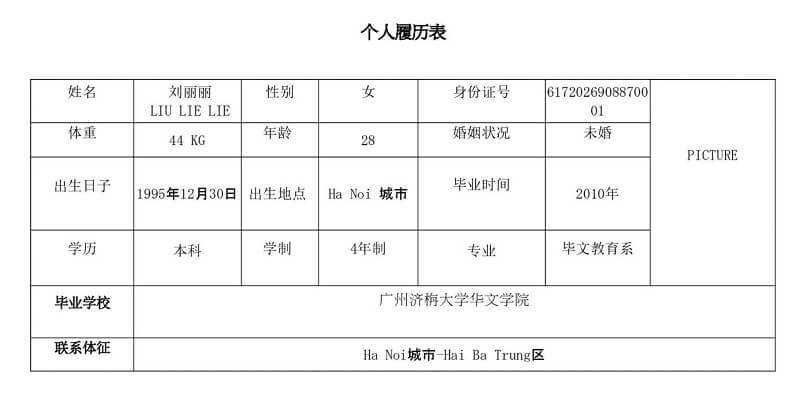 mẫu sơ yếu lý lịch tiếng trung